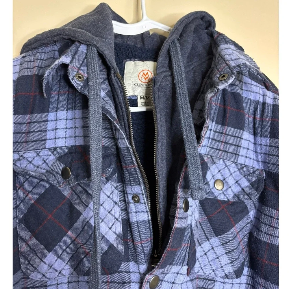 Cloudveil Mens Blue Plaid Sherpa‎ Lined Hooded Flannel Shirt Jacket Medium